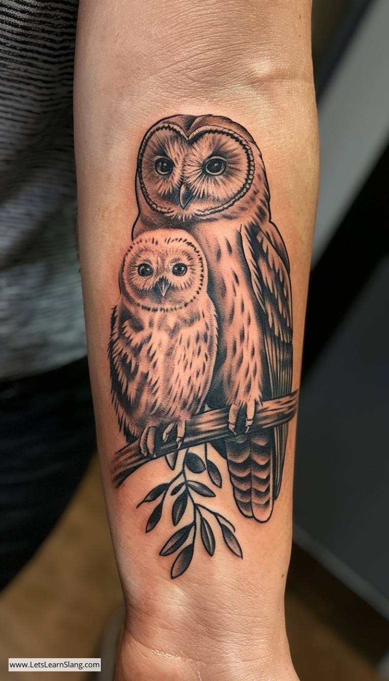 Mother and Baby Owl Wrist Tattoo