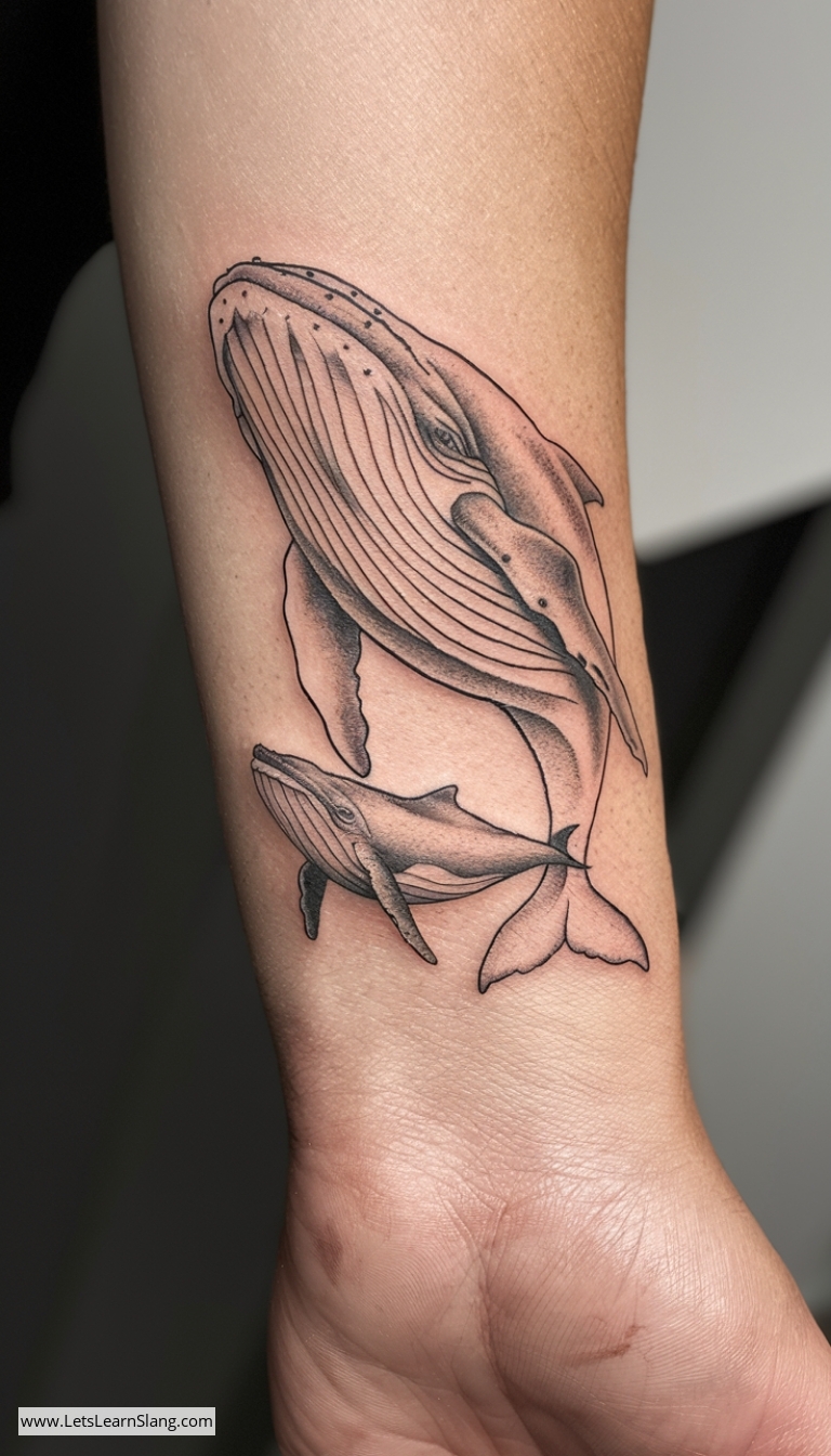 Mother and Baby Whale Wrist Tattoo