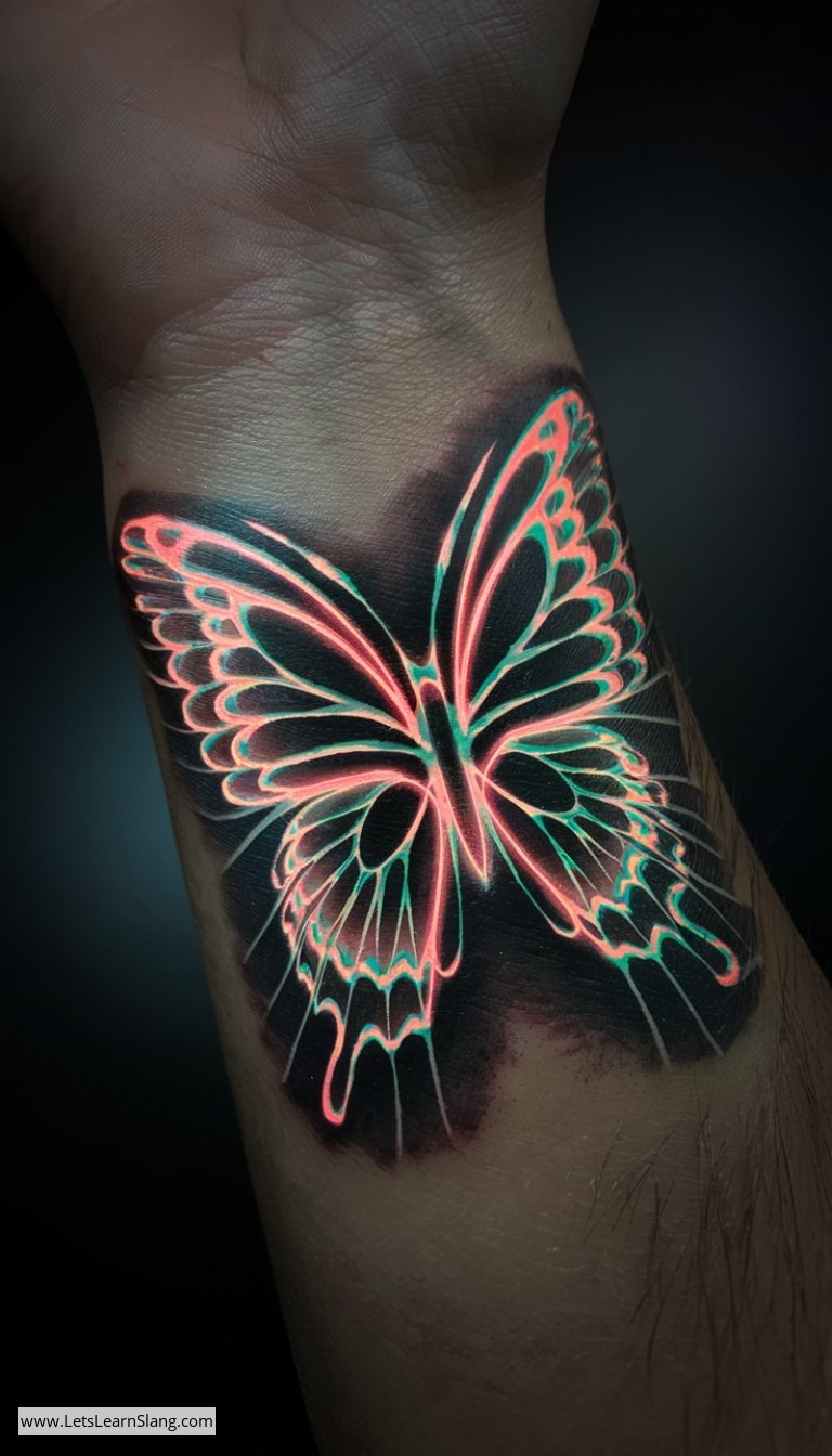 Neon Abstract Butterfly Wrist Tattoo