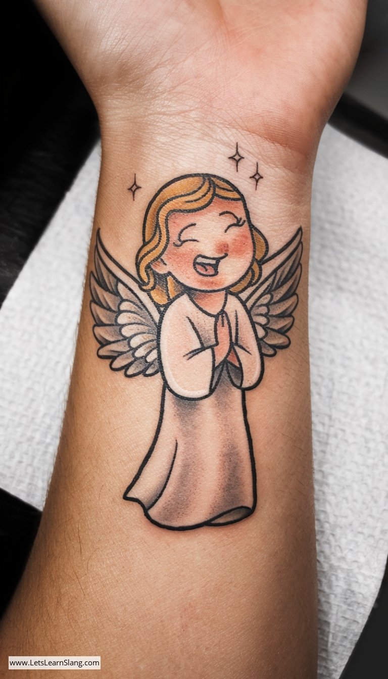 Playful Angel Wrist Tattoo