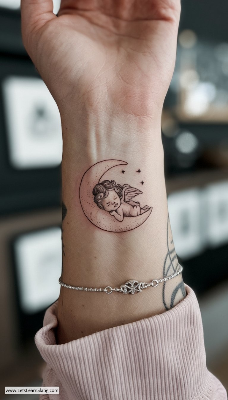 Sleeping Angel and Moon Crescent Wrist Tattoo