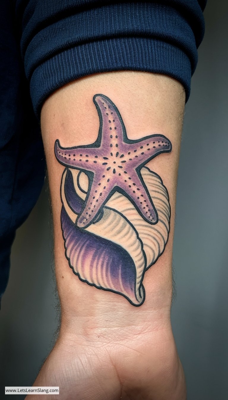 Starfish and Seashell Wrist Tattoo