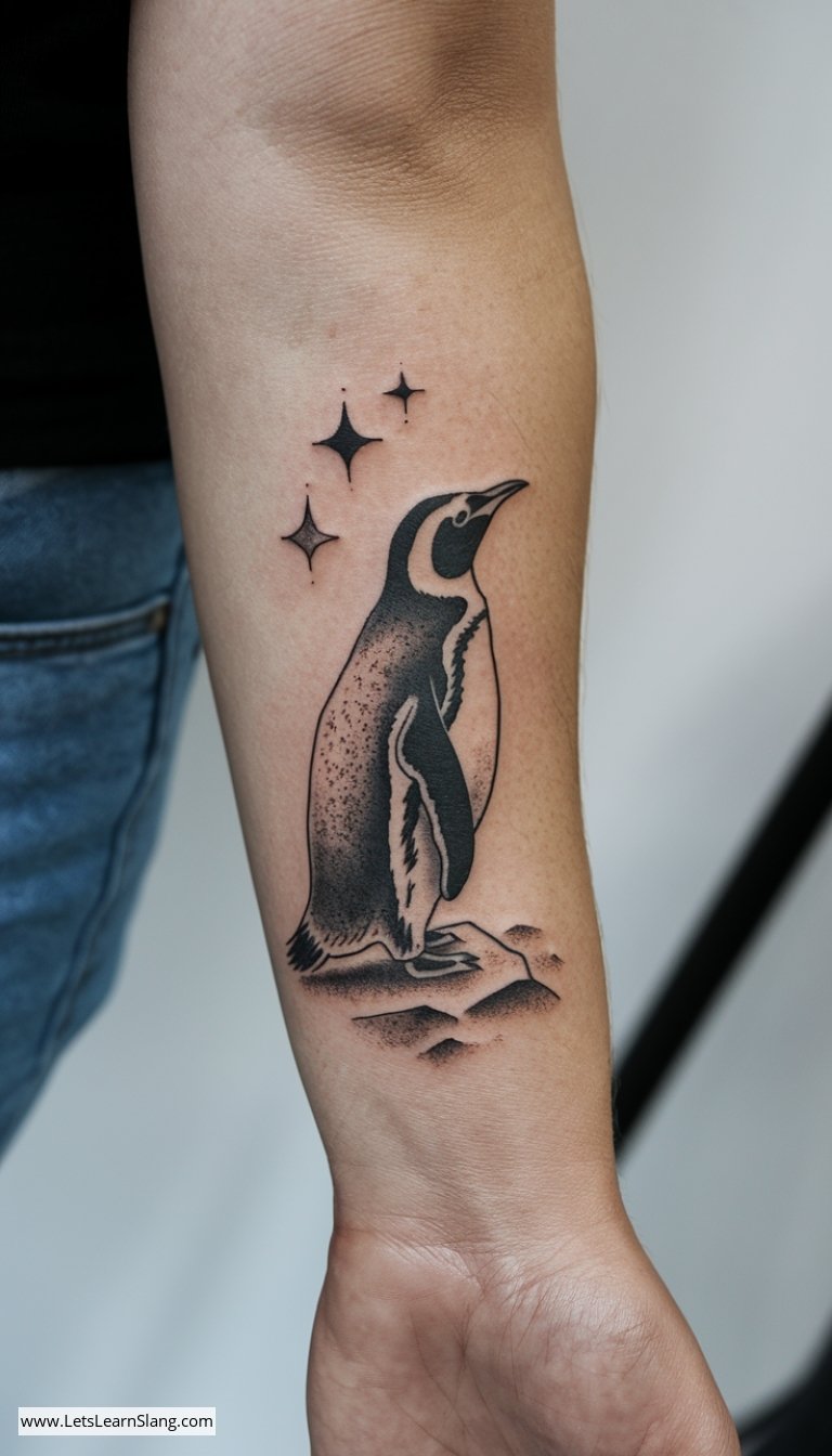 Stargazing Penguin Wrist Tattoo