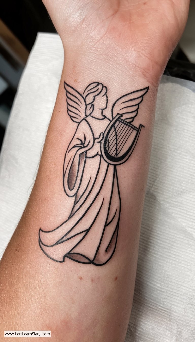 Stylized Angel Wrist Tattoo