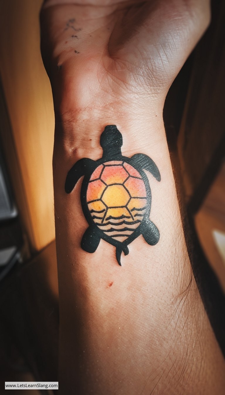 Sunset Turtle Silhouette Wrist Tattoo
