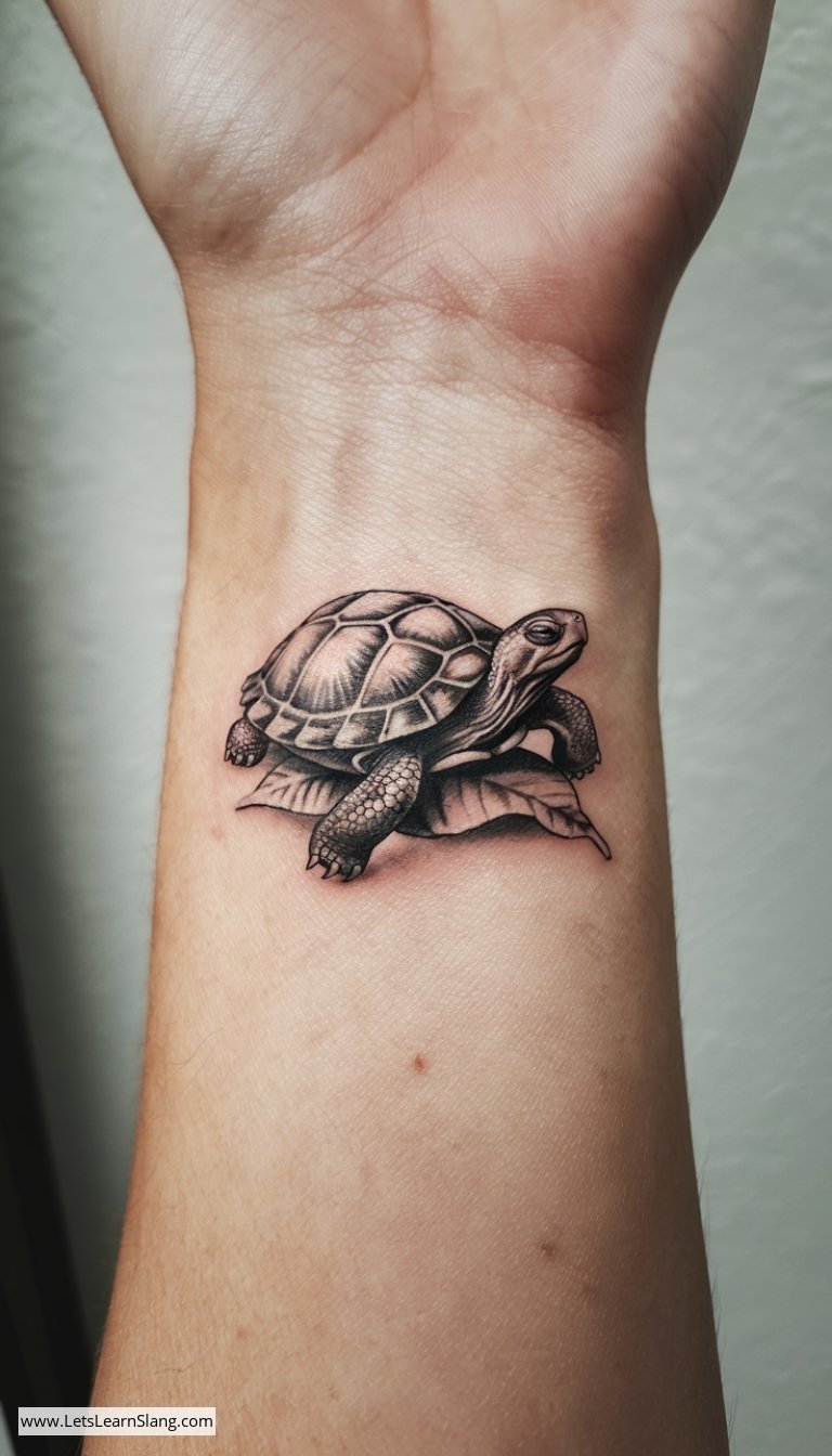 Tiny Realistic Turtle Wrist Tattoo