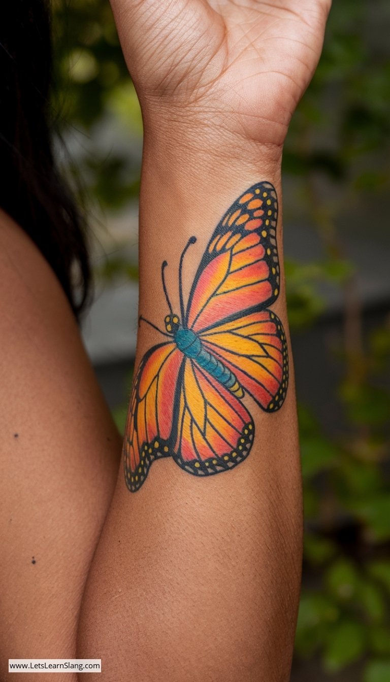 Vibrant Butterfly Wrist Tattoo