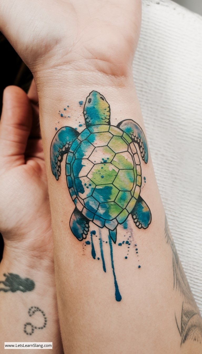 Watercolor Turtle Wrist Tattoo for Women