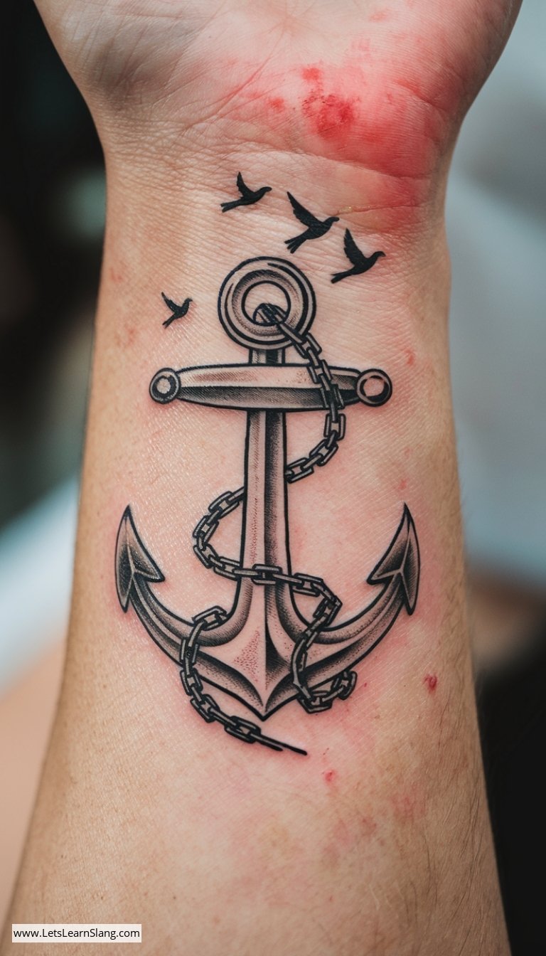 Anchor and Birds Wrist Tattoo