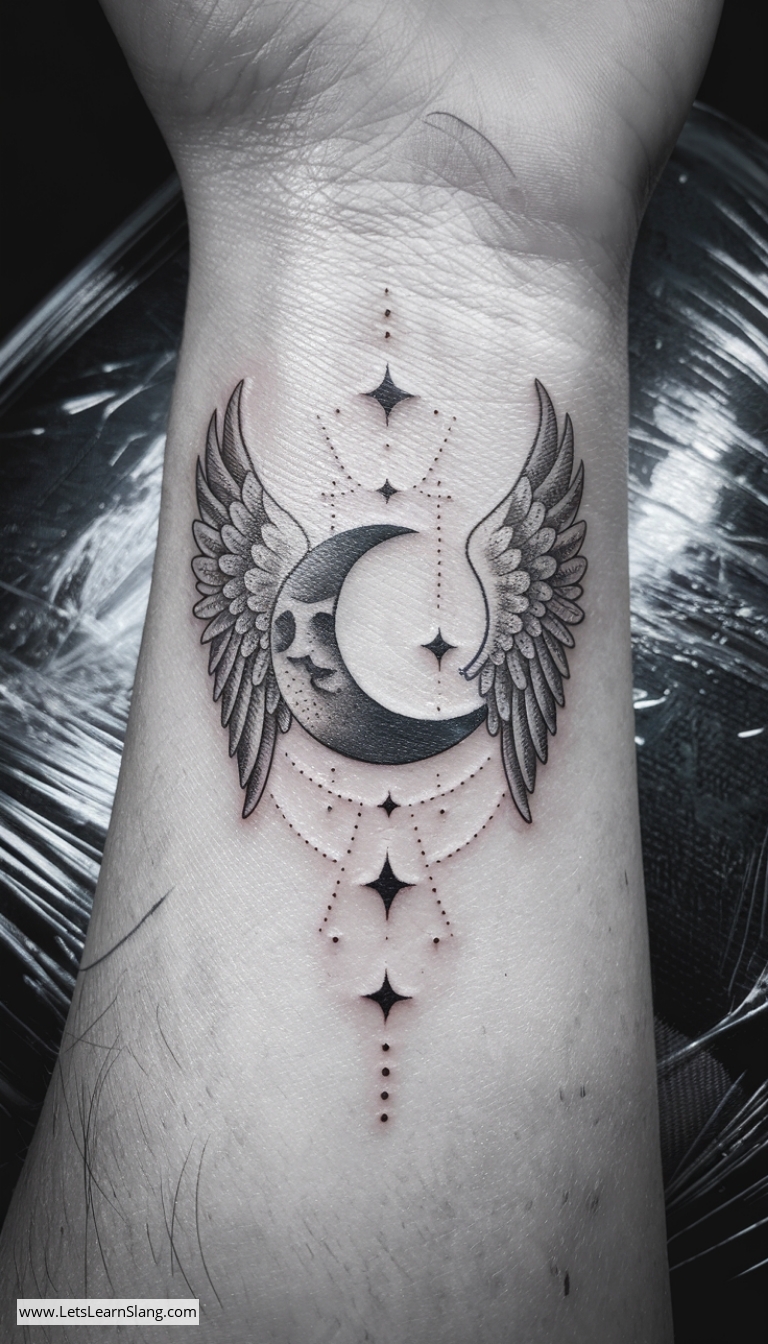 Angel Winged Crescent Moon Tattoo