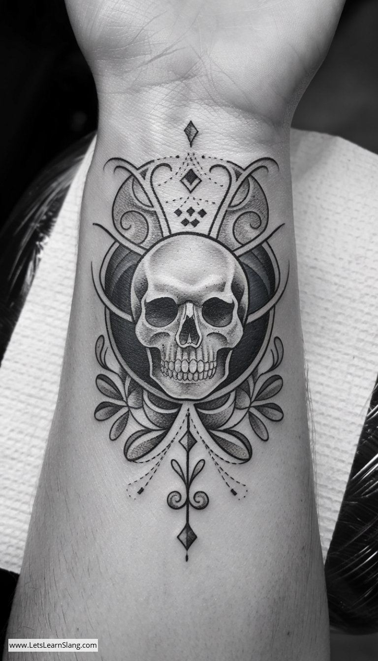 Art Nouveau Skull Wrist Tattoo