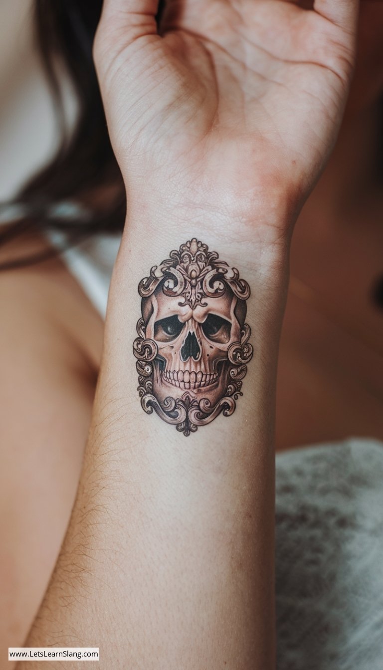 Baroque-Inspired Skull Wrist Tattoo