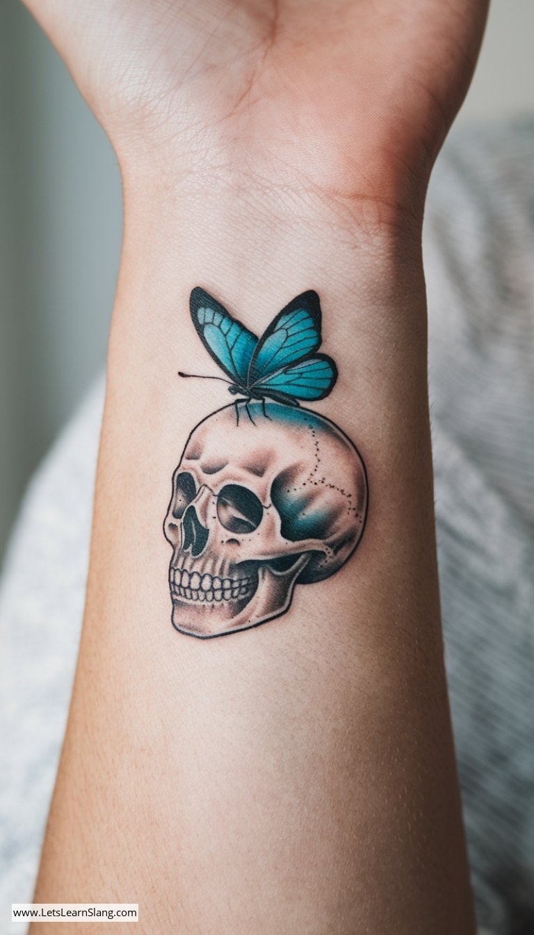 Butterfly Perched Skull Wrist Tattoo