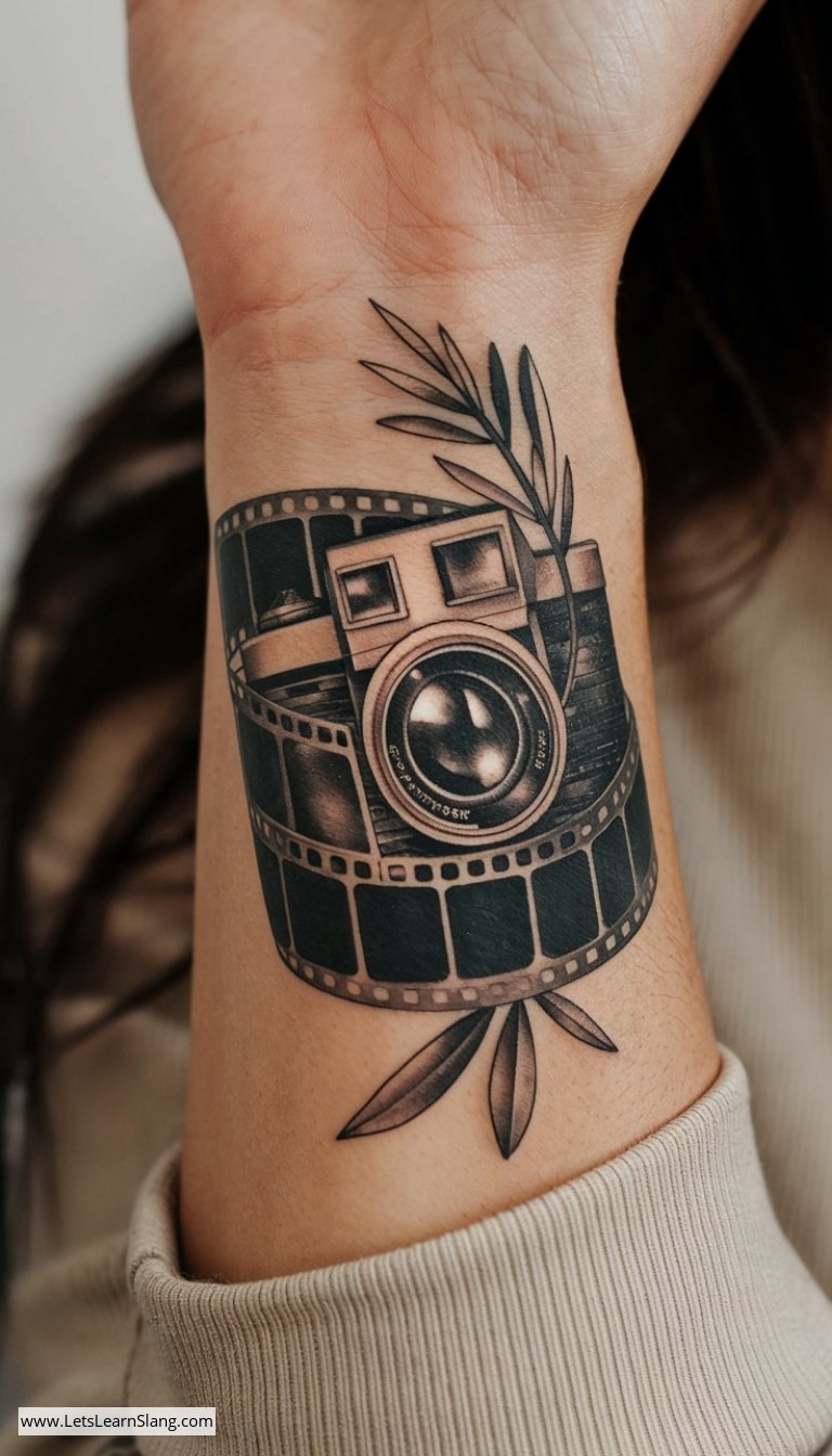 Camera and Olive Branch Wrist Tattoo