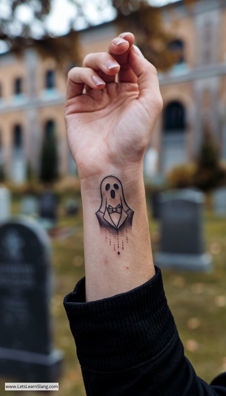 Charming Ghost with Bow Tie Wrist Tattoo