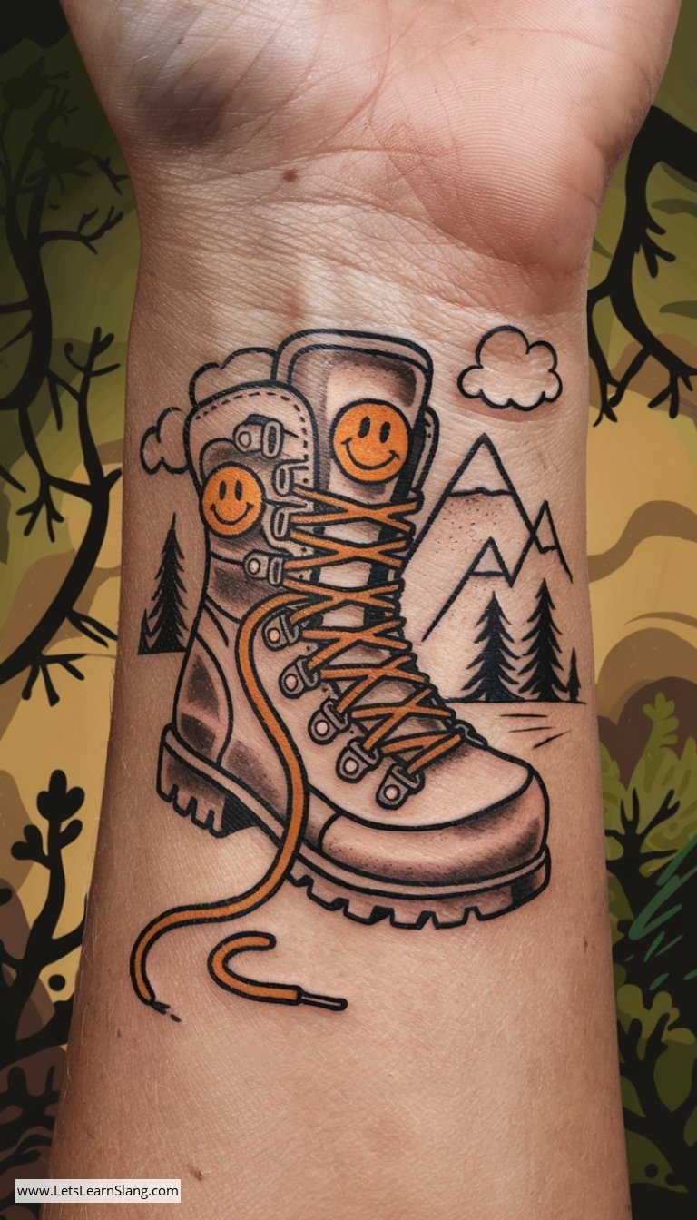 Cheerful Hiker Boot Wrist Tattoo