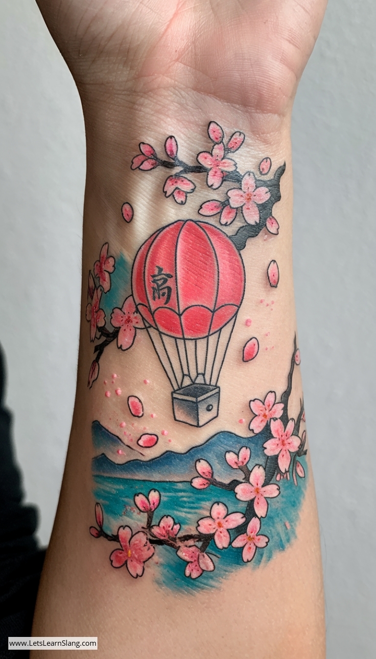 Cherry Blossom Hot Air Balloon Wrist Tattoo