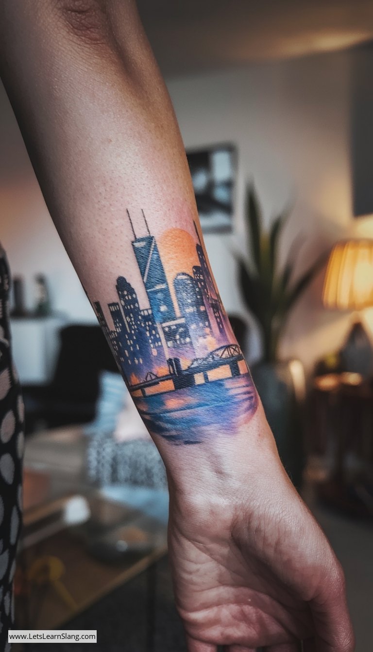 City Skyline Postcard Tattoo on Wrist