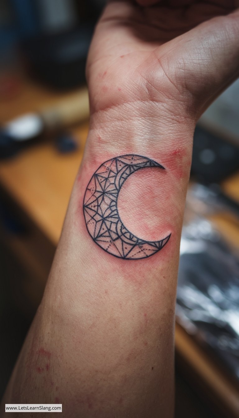 Crescent Moon Geometric Wrist Tattoo