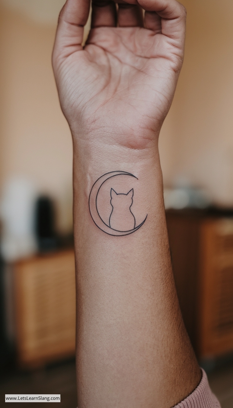 Crescent Moon and Cat Silhouette Tattoo
