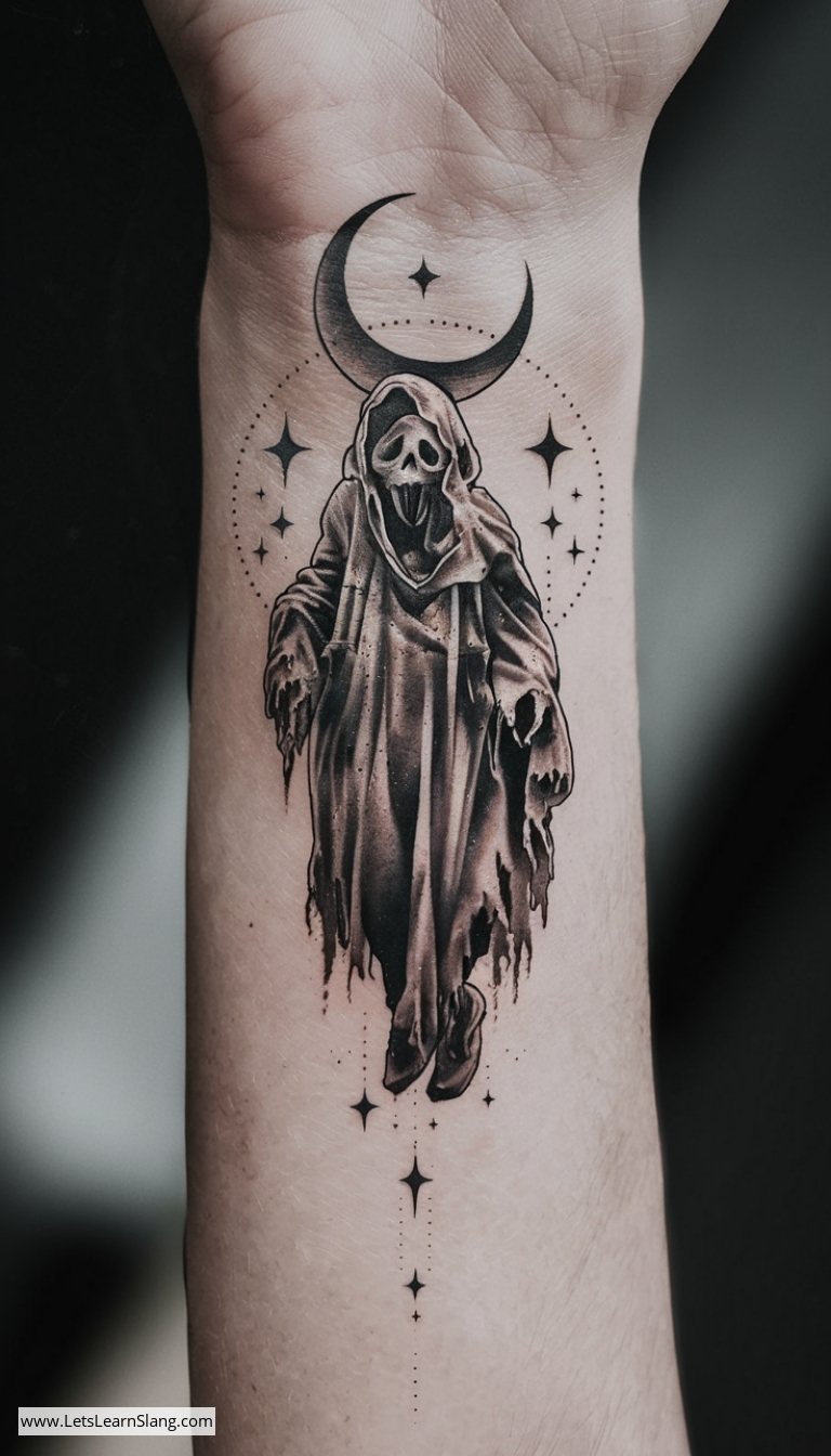Crescent Moon and Ghost Wrist Tattoo