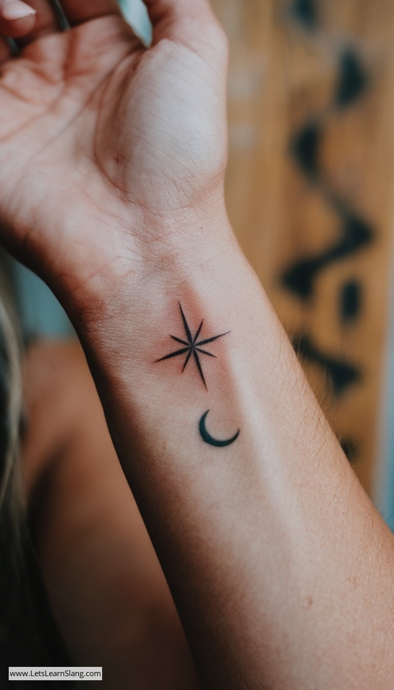 Crescent Moon and North Star Wrist Tattoo
