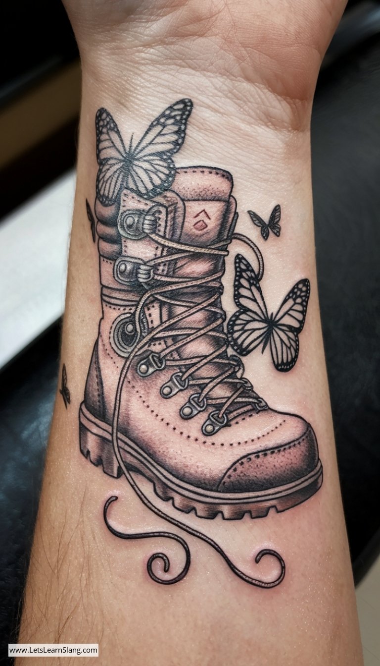 Delicate Hiking Boot and Butterflies Tattoo