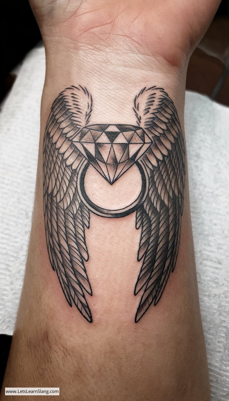 Diamond Angel Wings Wrist Tattoo