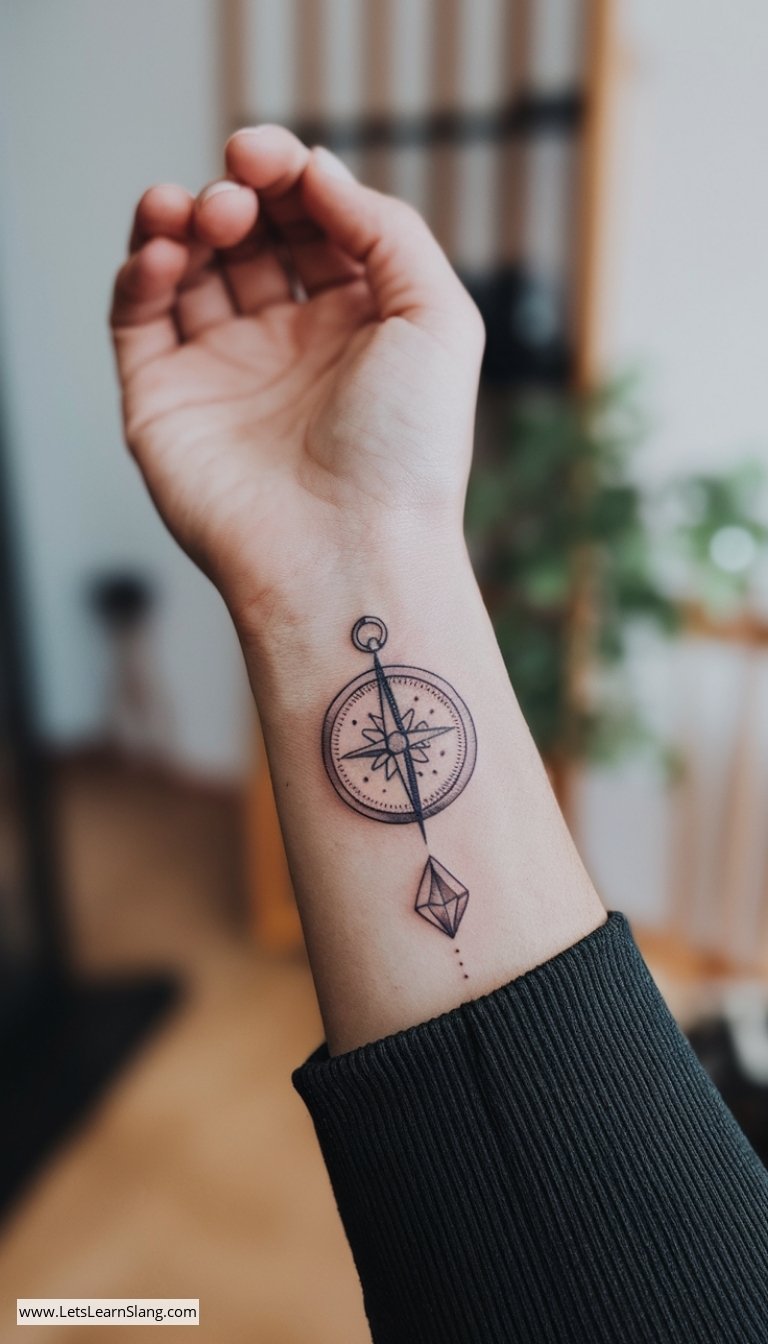 Diamond Centered Compass Wrist Tattoo
