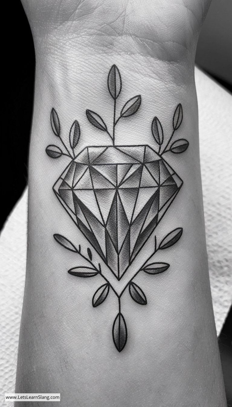Diamond and Leaves Wrist Tattoo