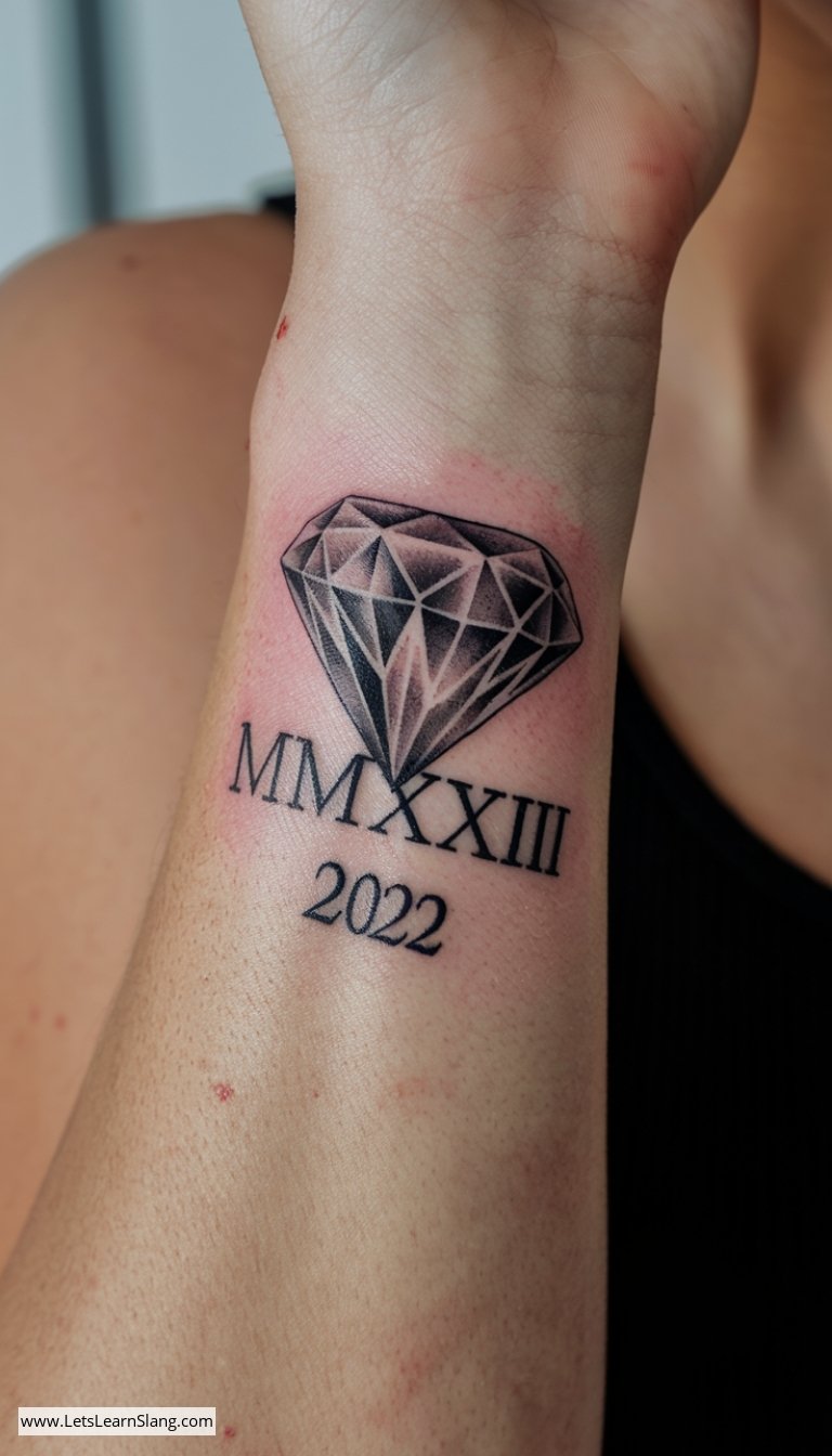 Diamond and Roman Numerals Wrist Tattoo