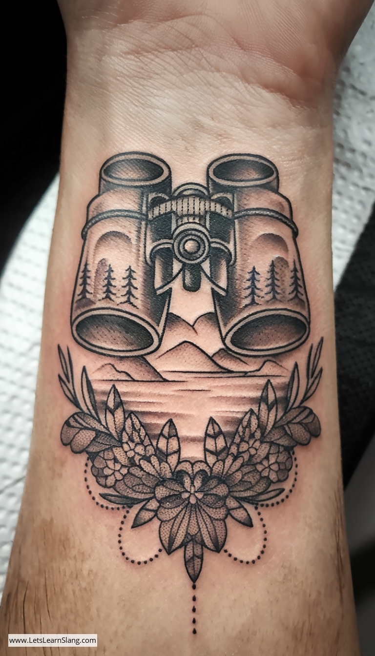 Elegant Binoculars with Lace Wrist Tattoo