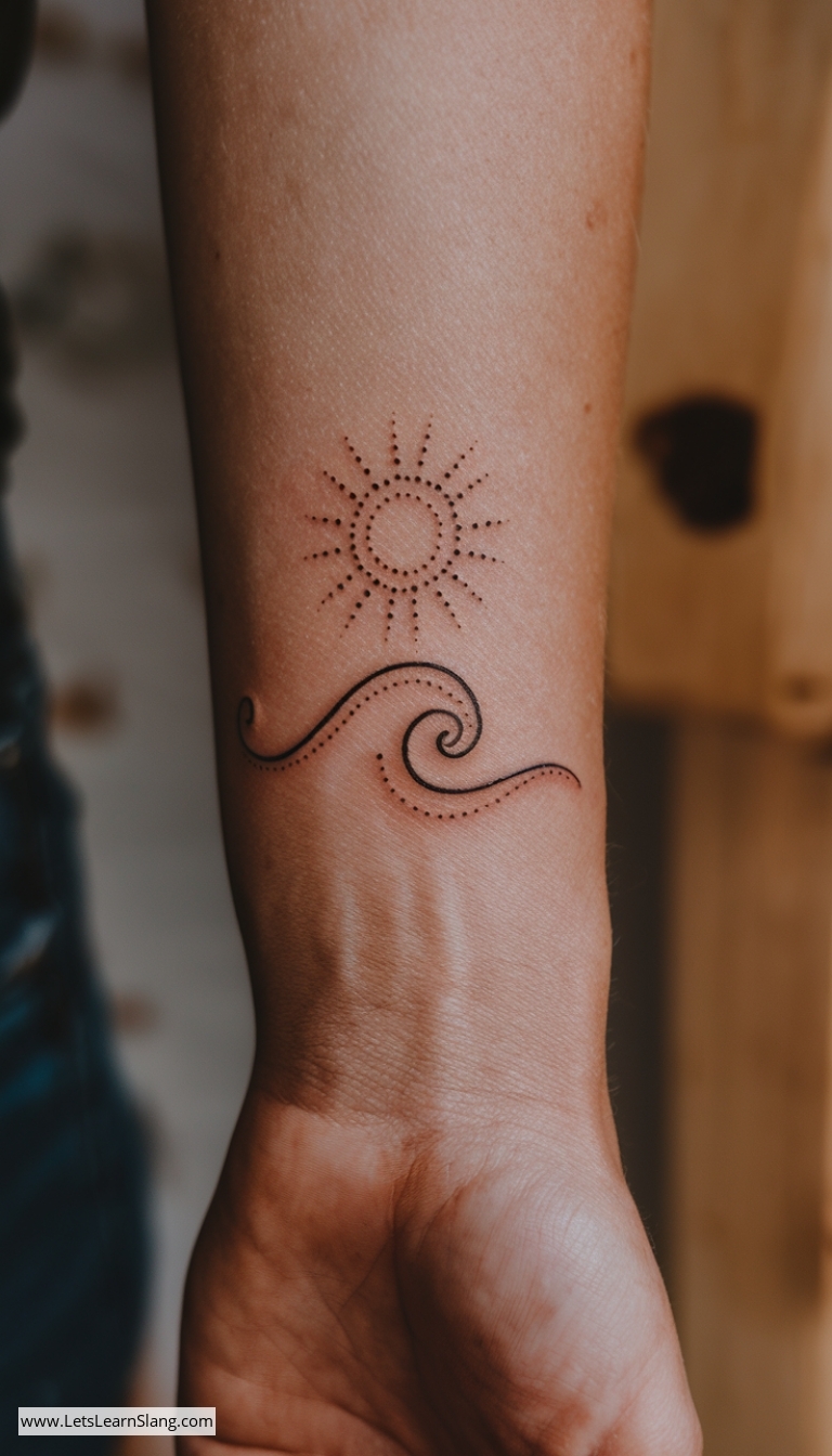 Elegant Wave and Sun Wrist Tattoo