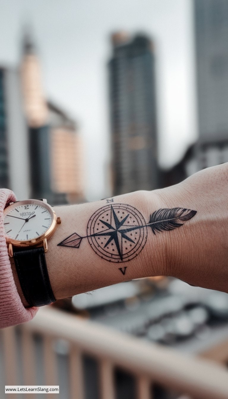 Feathered Compass Wrist Tattoo for Women