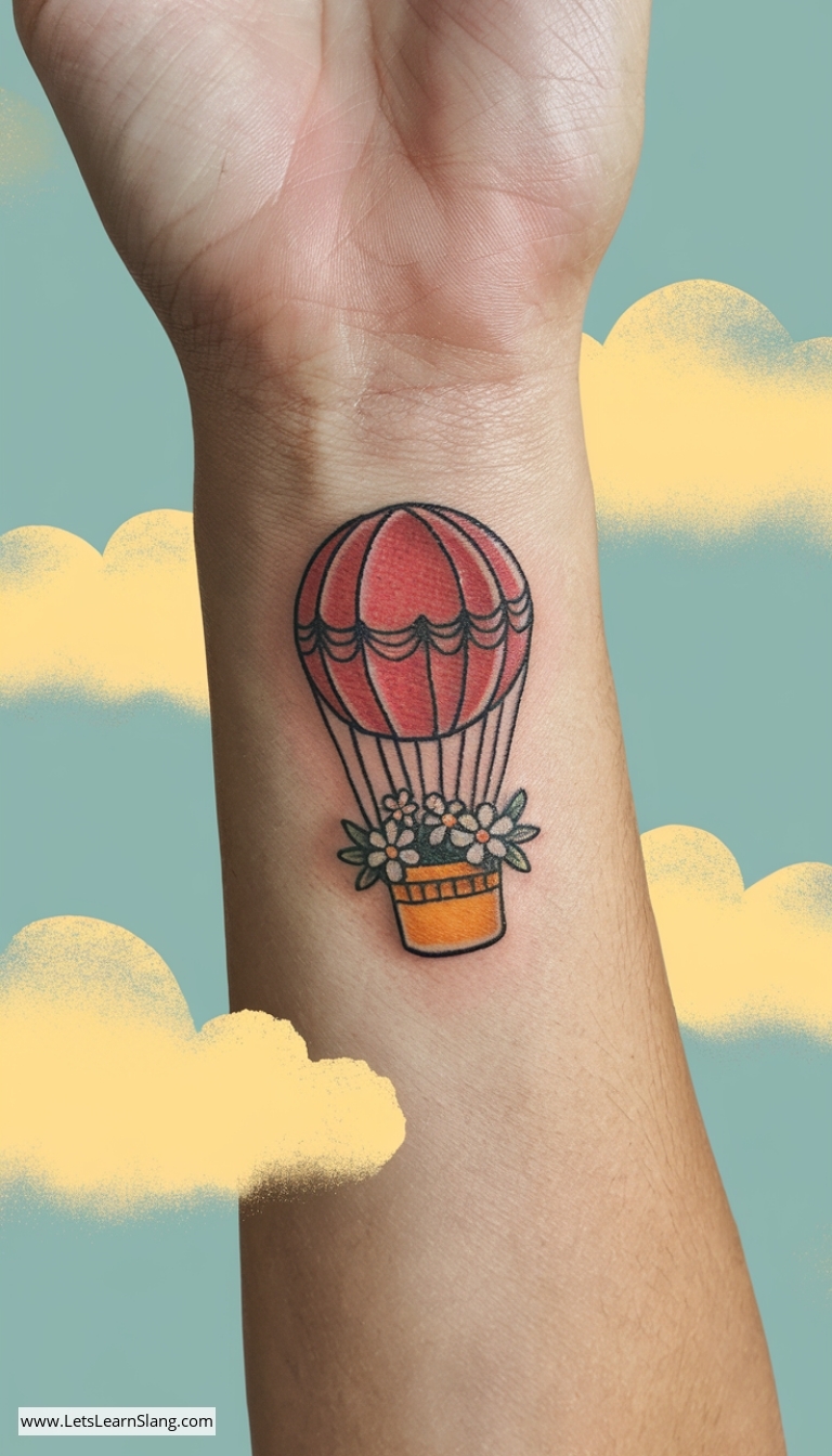 Floral Basket Hot Air Balloon Wrist Tattoo