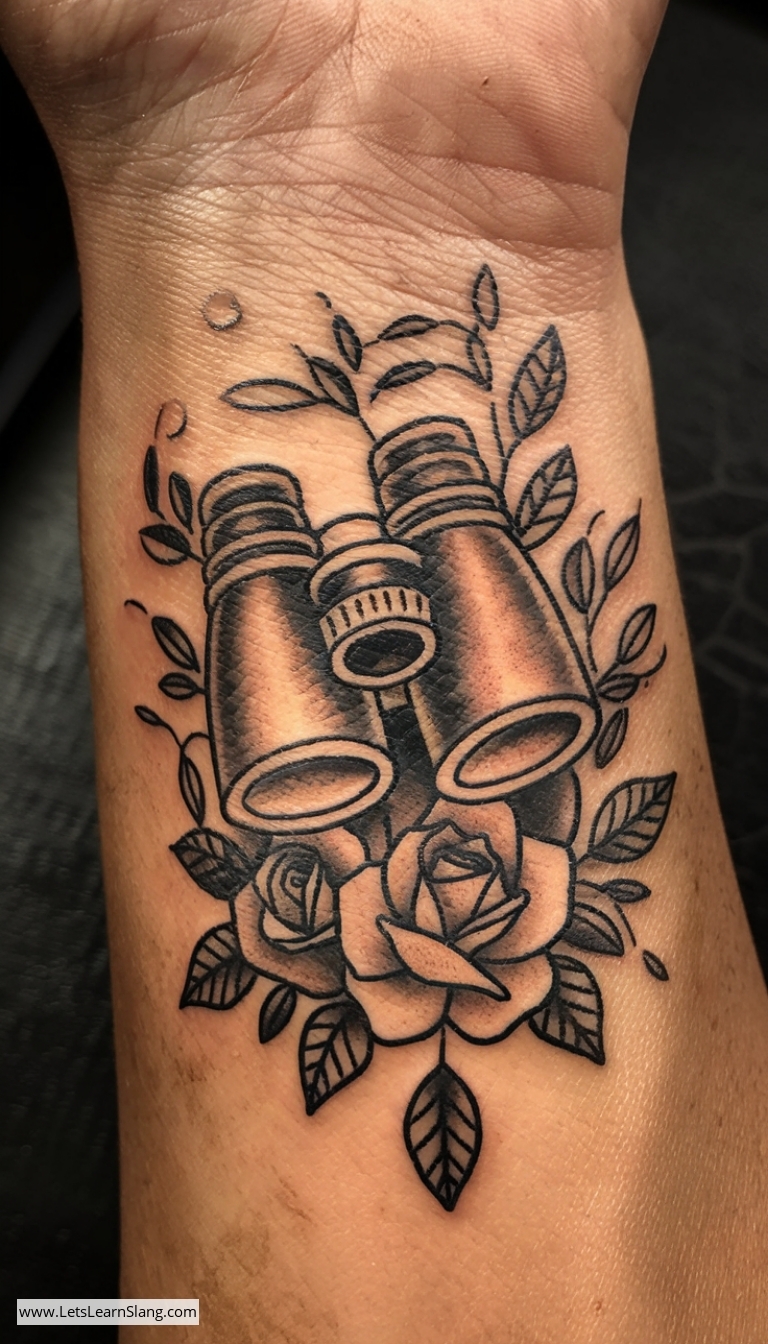 Floral Binoculars Wrist Tattoo