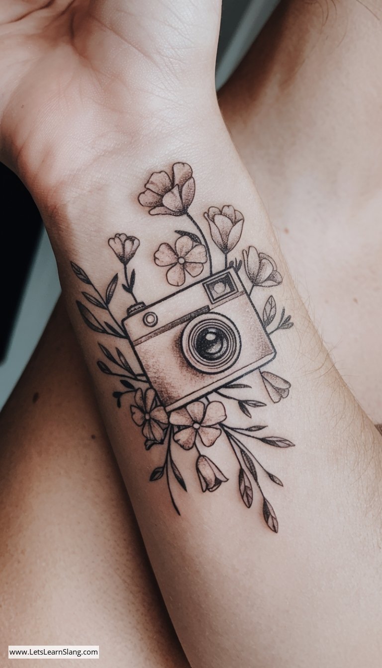 Floral Camera Wrist Tattoo