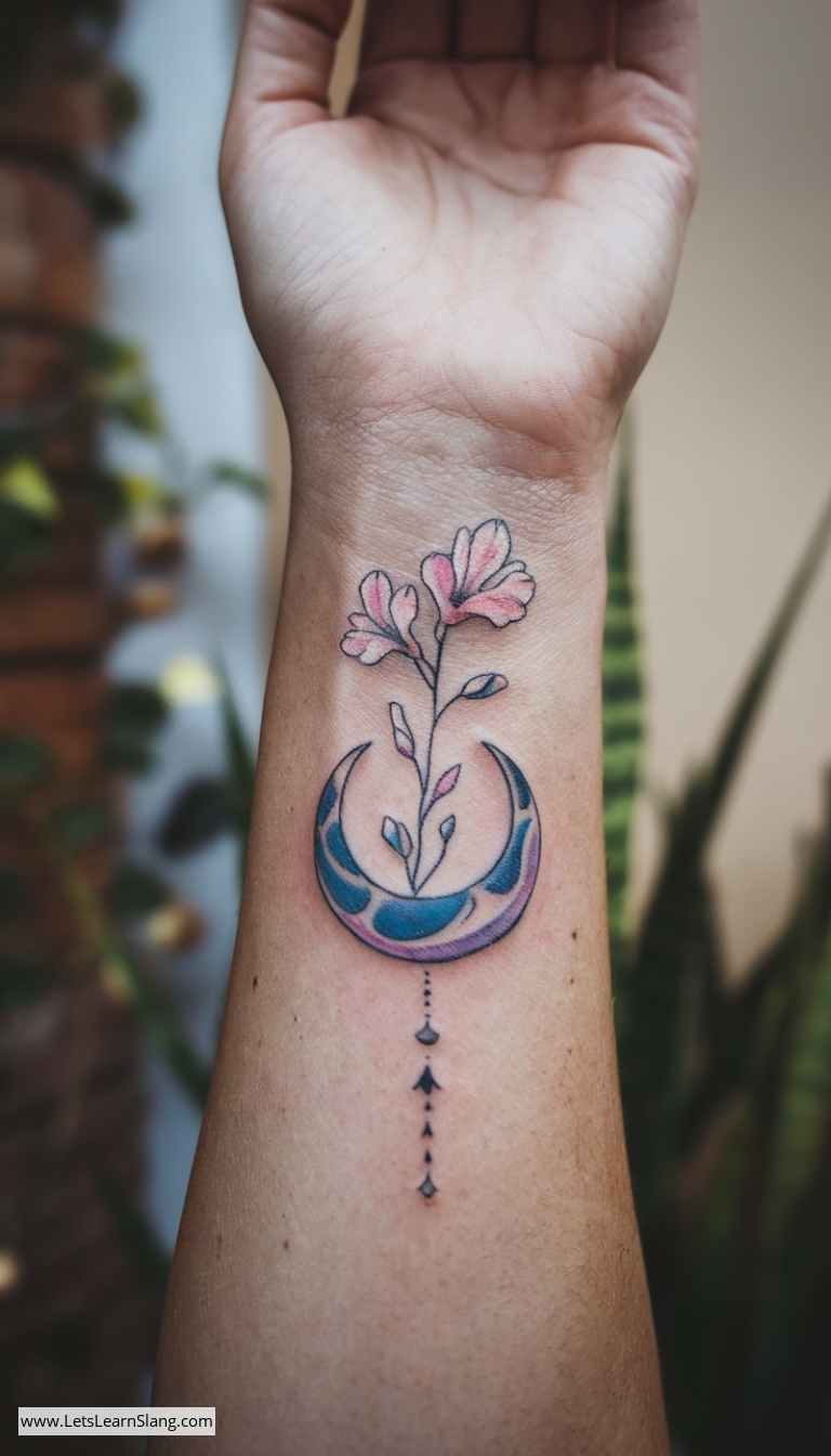Floral Crescent Moon Wrist Tattoo