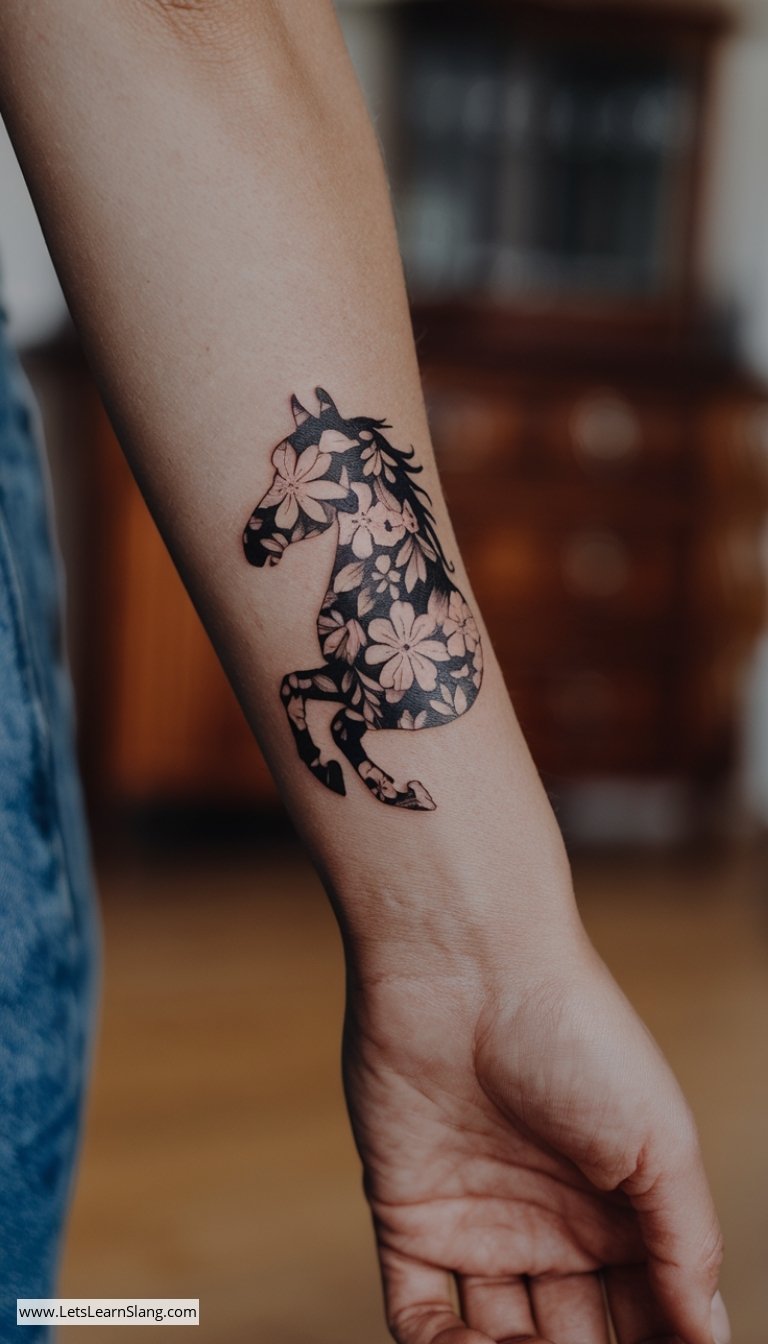 Floral Horse Silhouette Wrist Tattoo