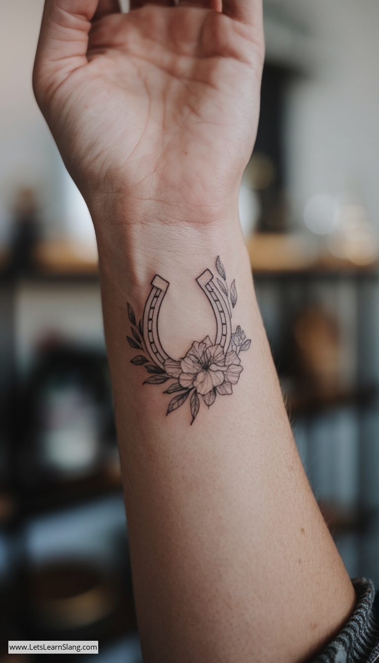 Floral Horseshoe Wrist Tattoo
