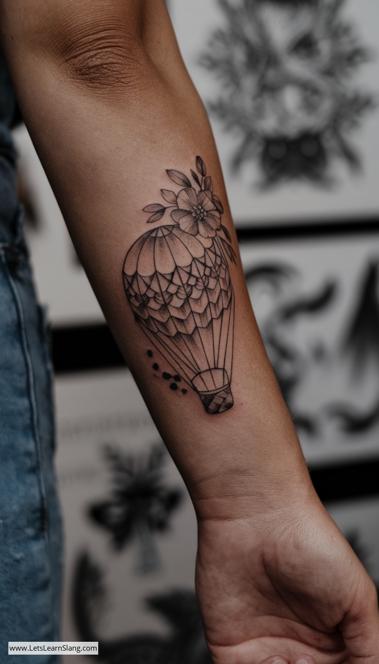 Floral Hot Air Balloon Wrist Tattoo