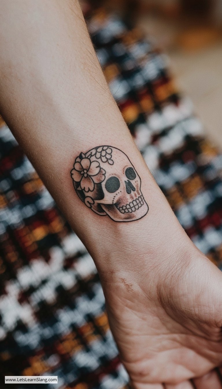 Floral Skull Wrist Tattoo
