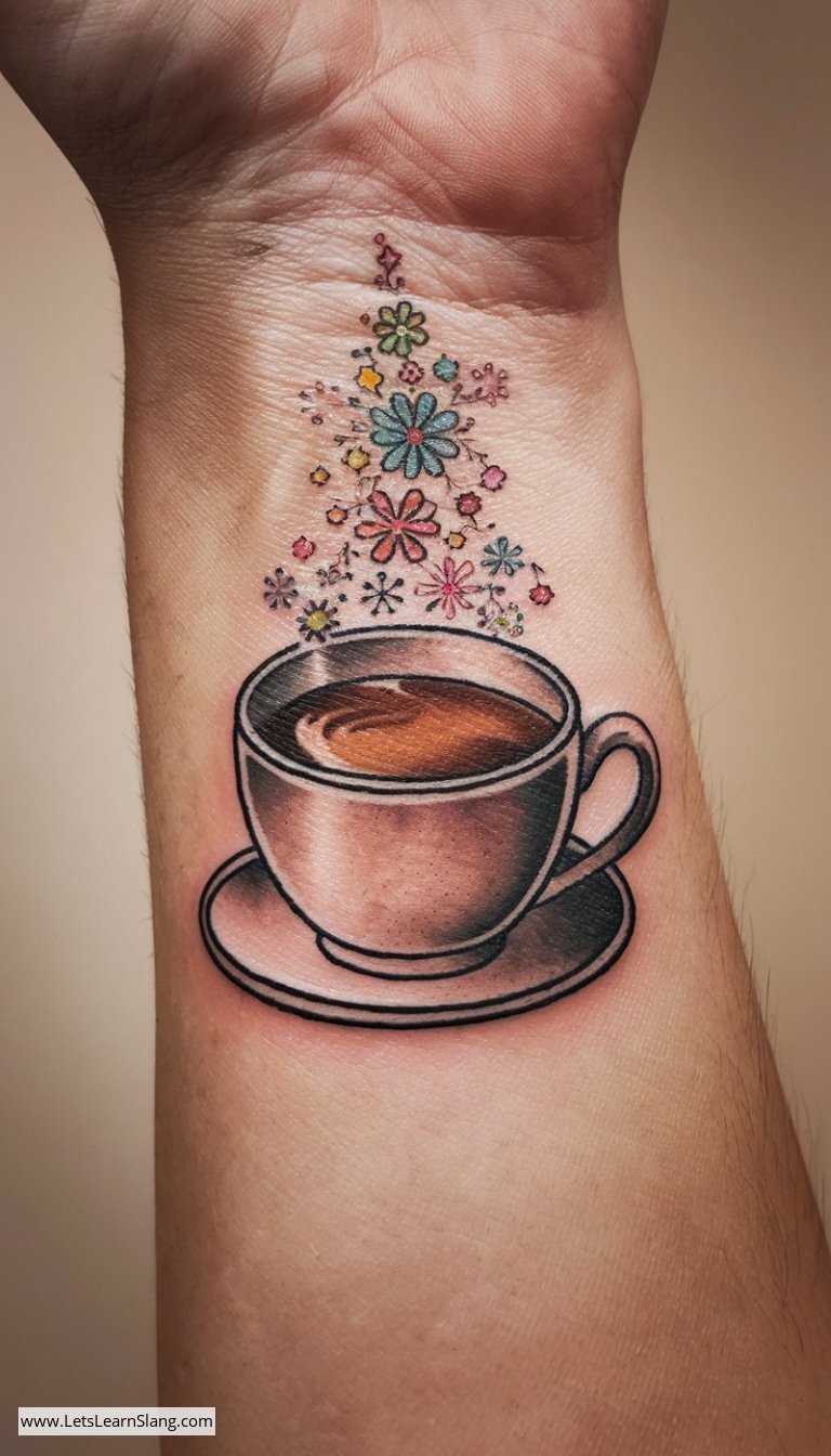 Floral Steam Coffee Cup Wrist Tattoo