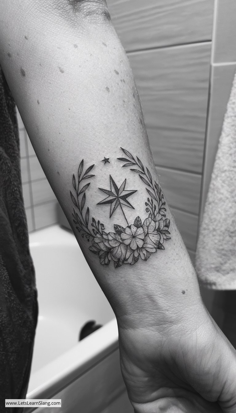 Floral Wreath North Star Wrist Tattoo
