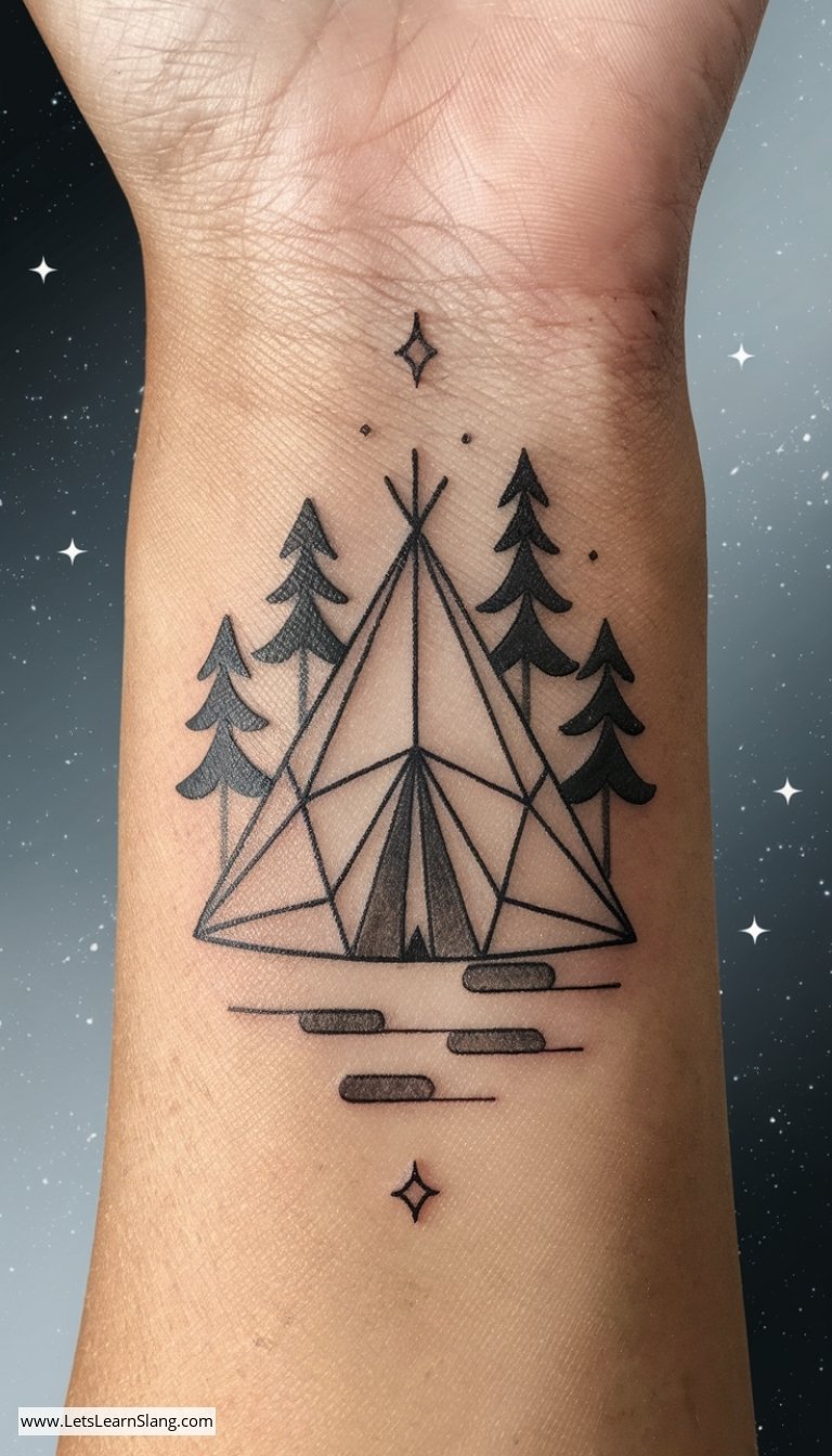 Geometric Tent and Pine Trees Wrist Tattoo