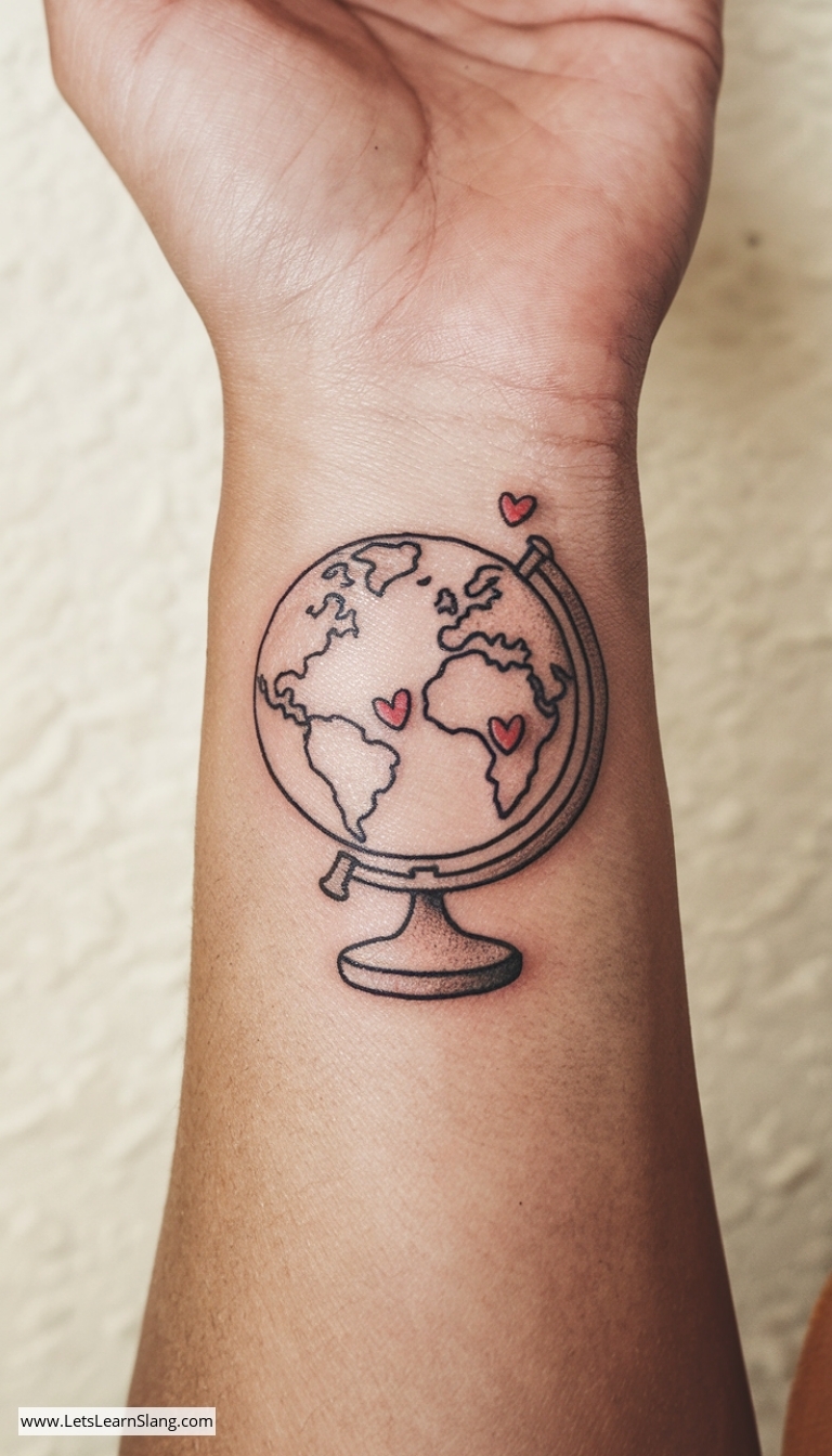 Globe Wrist Tattoo with Heart Markers