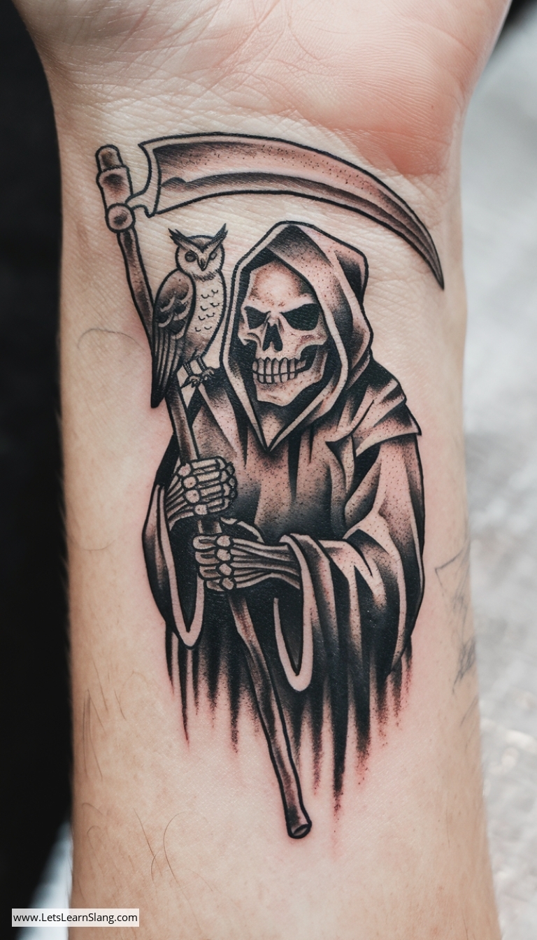 Grim Reaper and Owl Wrist Tattoo