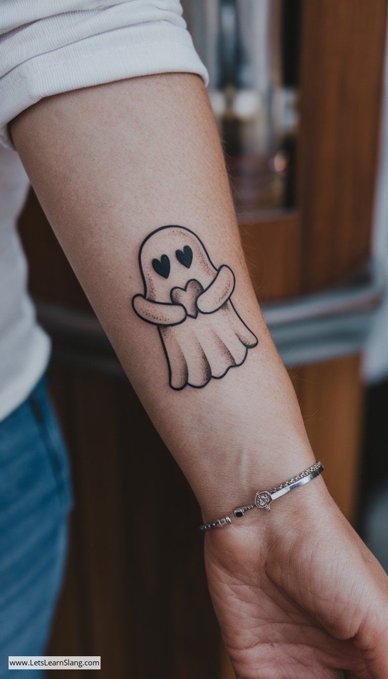 Heart-Eyed Ghost Wrist Tattoo