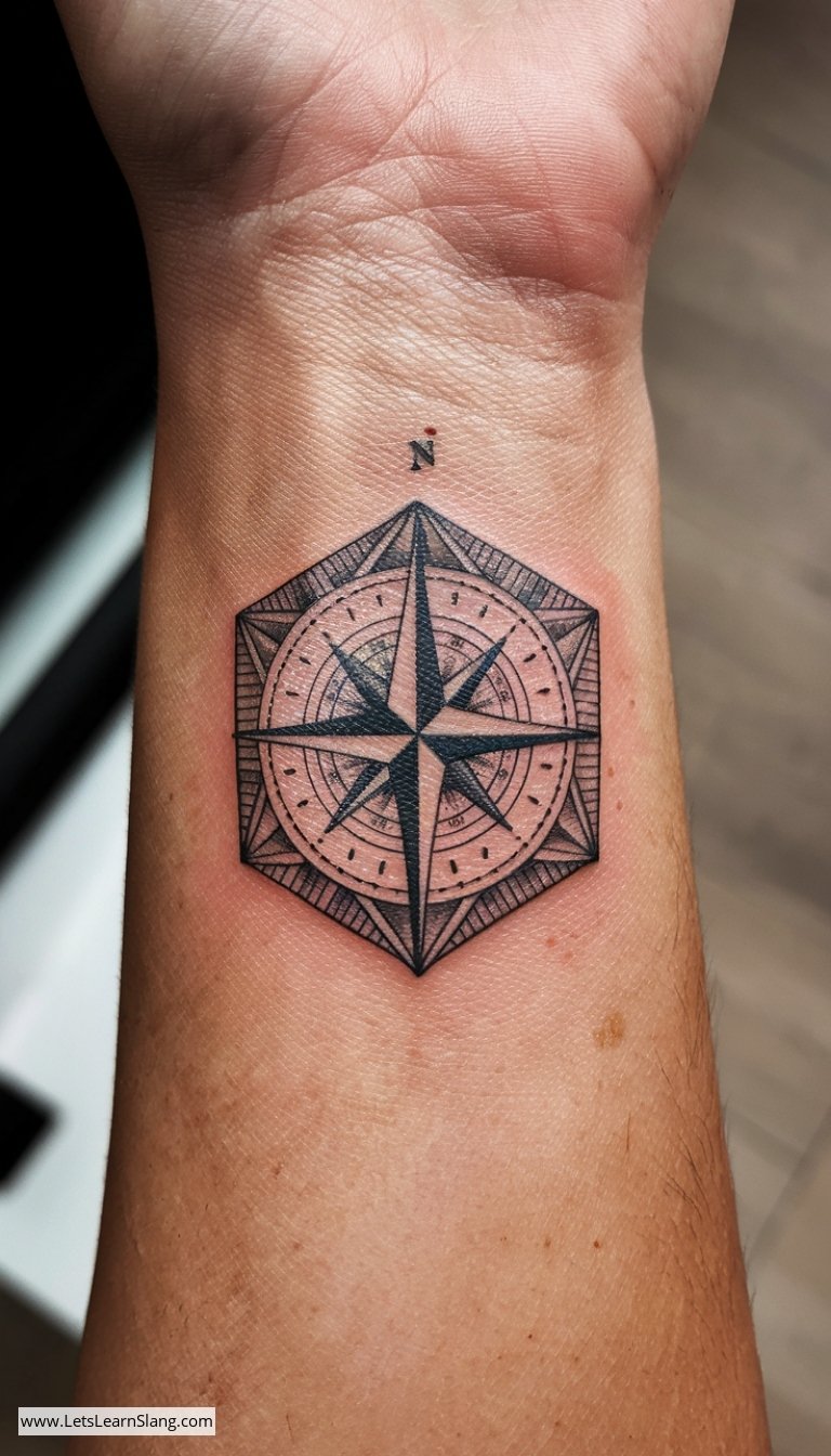 Hexagonal Compass Wrist Tattoo