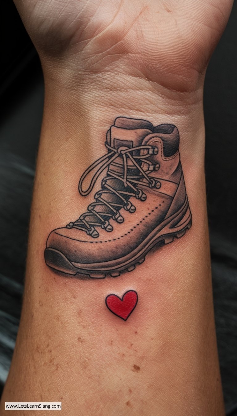 Hiking Boot Heart Tattoo on Wrist